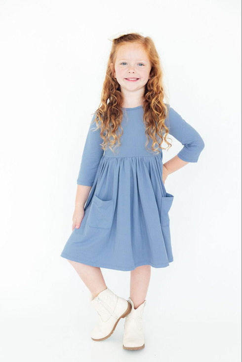 dusty-blue-3-4-sleeve-pocket-twirl-dress Mila & Rose - Sophia's StyleTwirl Pocket Dress 3/4-1
